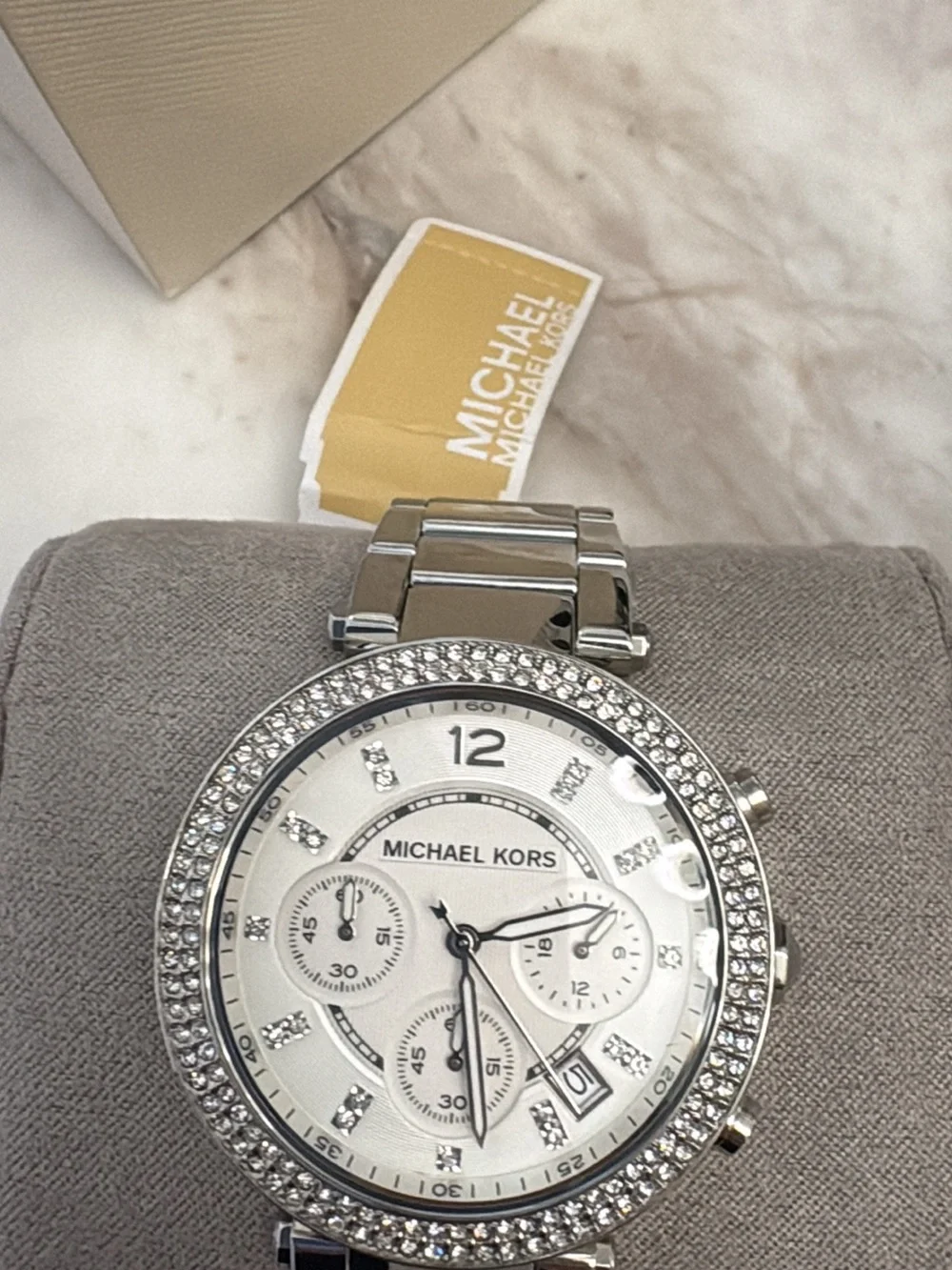 NWT & Box Michael Kors Parker Silver Crystal-Trim Chronograph Watch MK5353